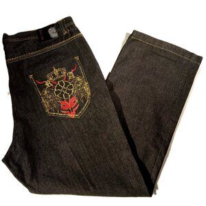 RED APE Jeans  sz 44  Dark Wash  RED/GOLD Metallic Stitch  Baggy  Loose-Fit  EXC